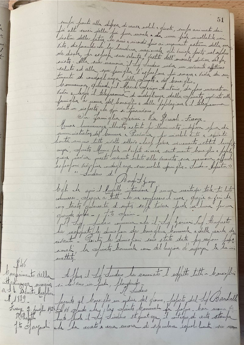 Il testo originale della delibera del 24 giugno 1924, in cui Borgo San Lorenzo conferì la cittadinanza onoraria a Mussolini