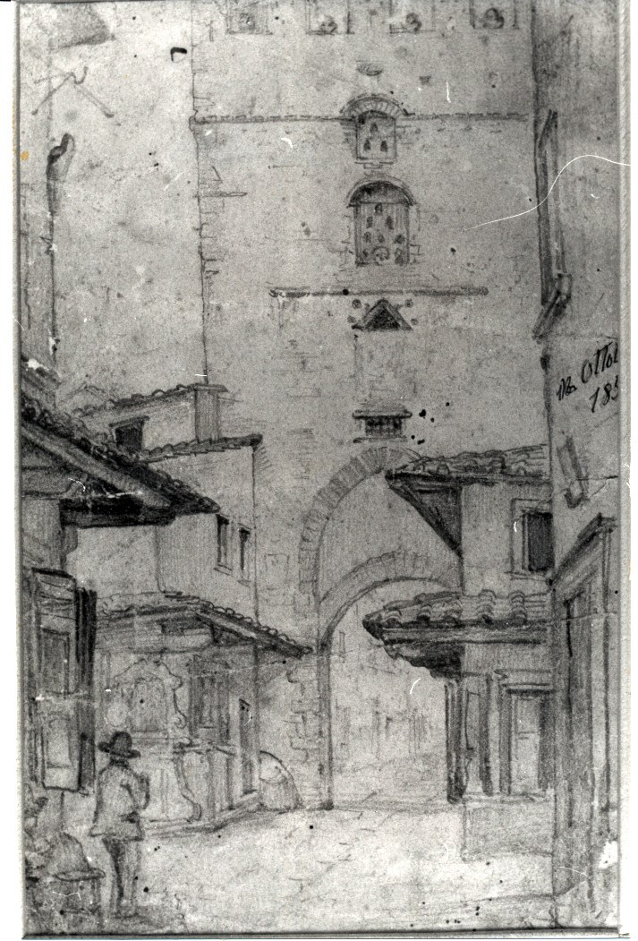 La più vecchia immagine iconografica del Tabernacolo a
sinistra, sotto un piccolo porticato, all’ingresso di Via di
Malacoda. Autore l’artista Angiolino Romagnoli (1820-1898)
nell’ottobre del 1851. 