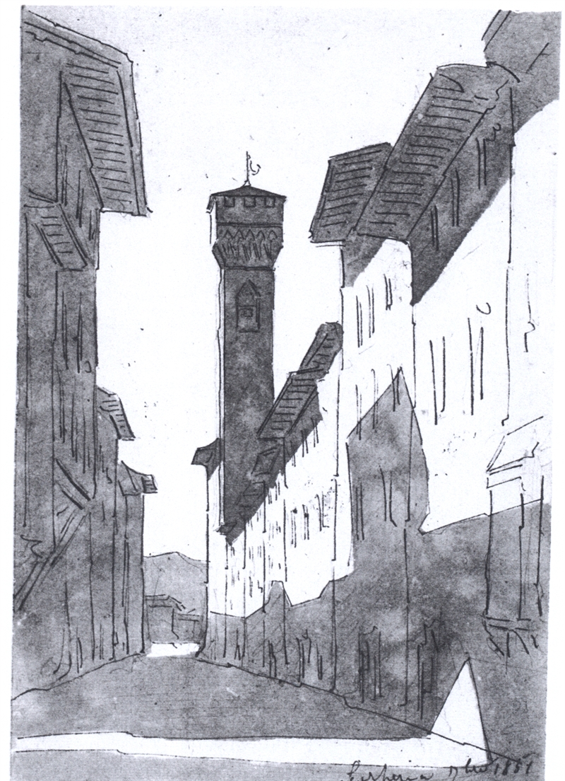 Scarperia (1851). L’antica via Roma con il torrione del Palazzo dè Vicari.
