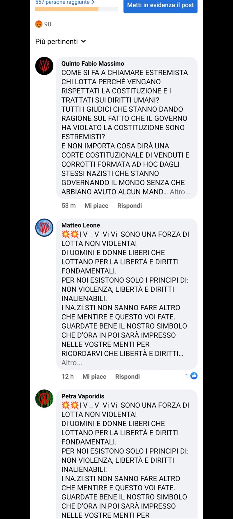 Alcuni screnshoot delle reazioni e dei commenti pubblicati dal gruppo organizzato