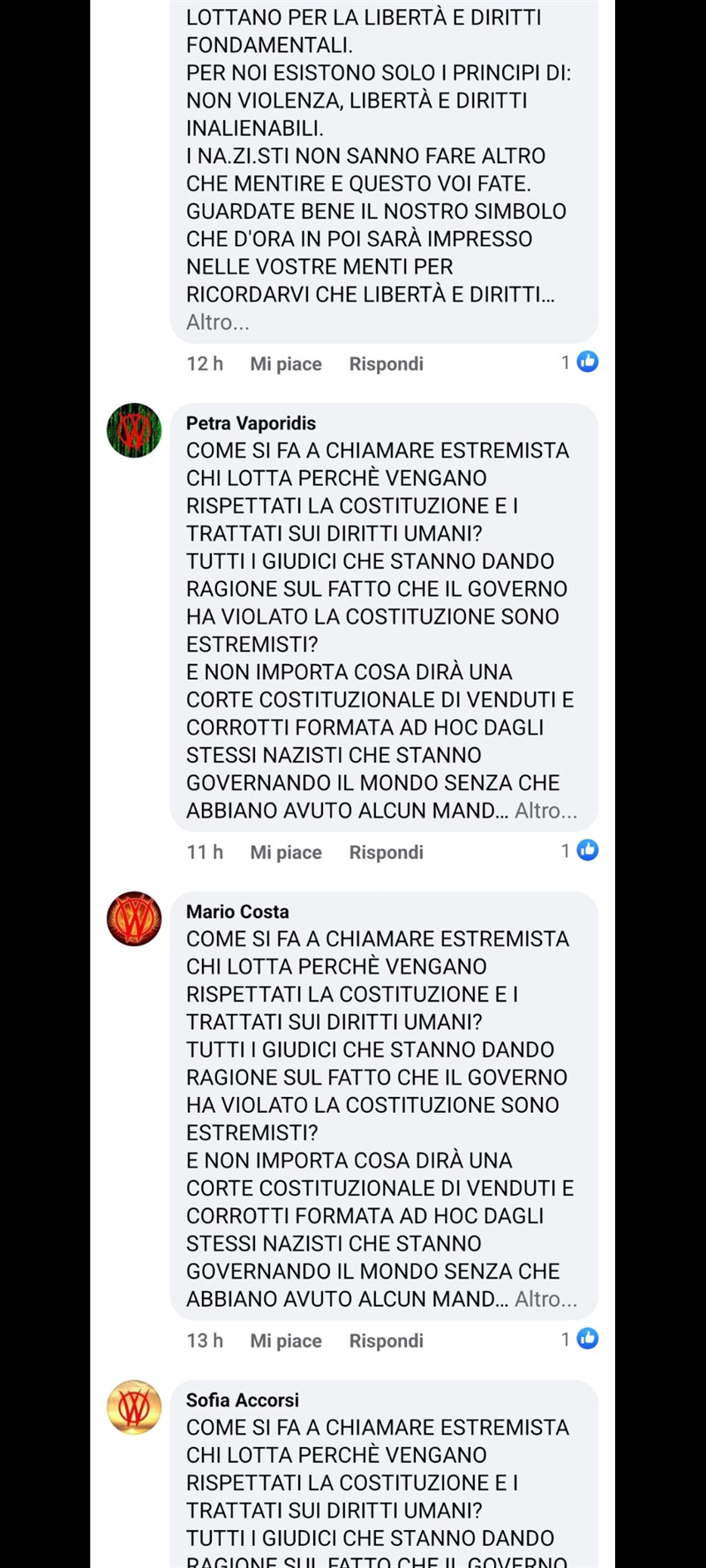 Alcuni screnshoot delle reazioni e dei commenti pubblicati dal gruppo organizzato