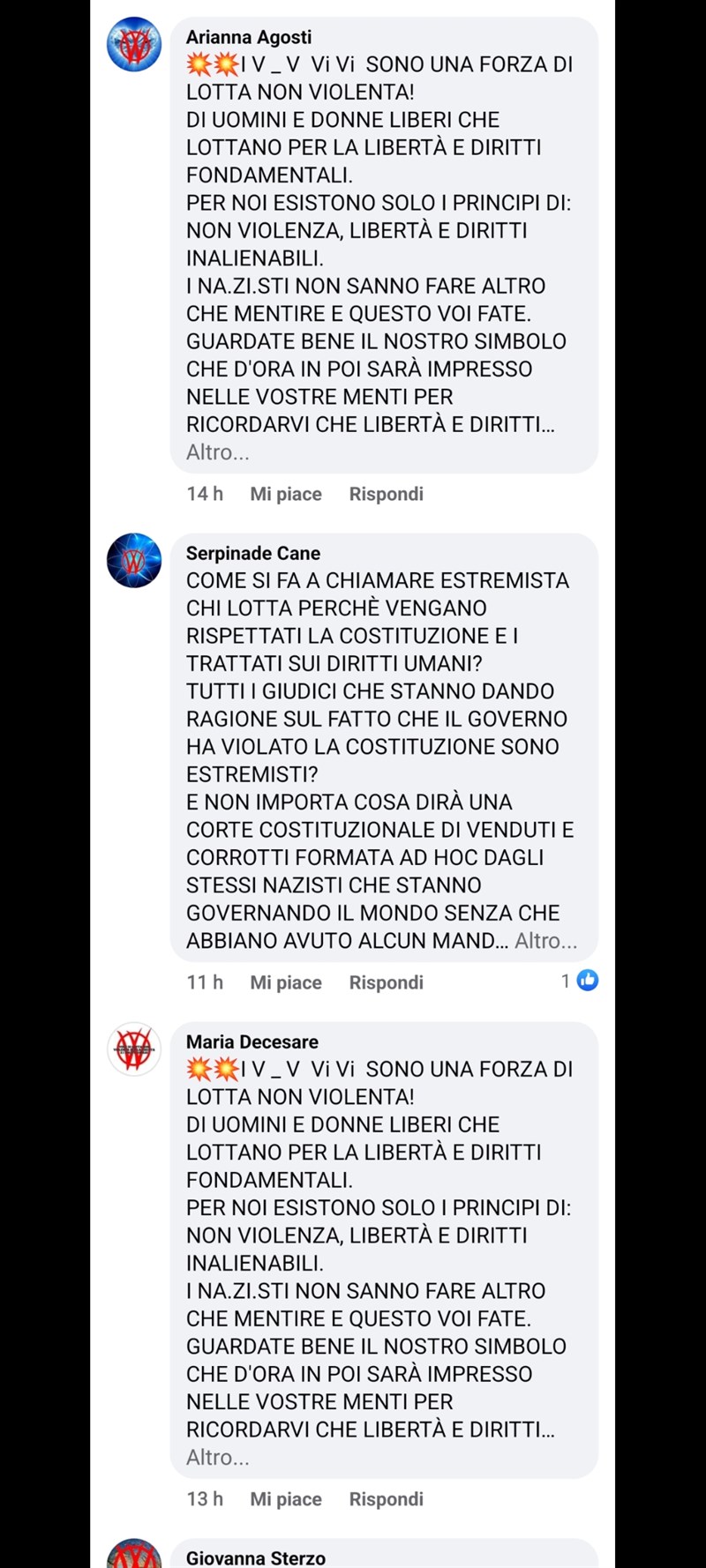 Alcuni screnshoot delle reazioni e dei commenti pubblicati dal gruppo organizzato