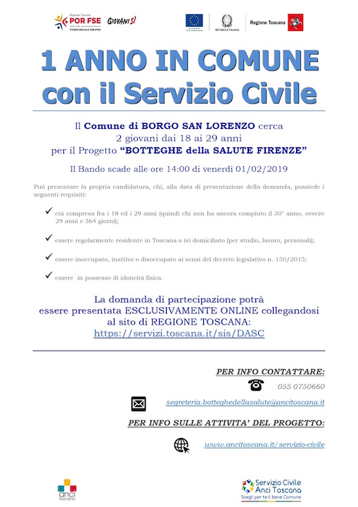 Borgo San Lorenzo. Bando anche per il Servizio Civile Regionale: due posti, come partecipare