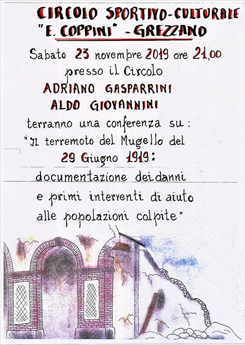 La locandina delle conferenza sul terremoto del Mugello al Circolo “E. Coppini” di Grezzano.